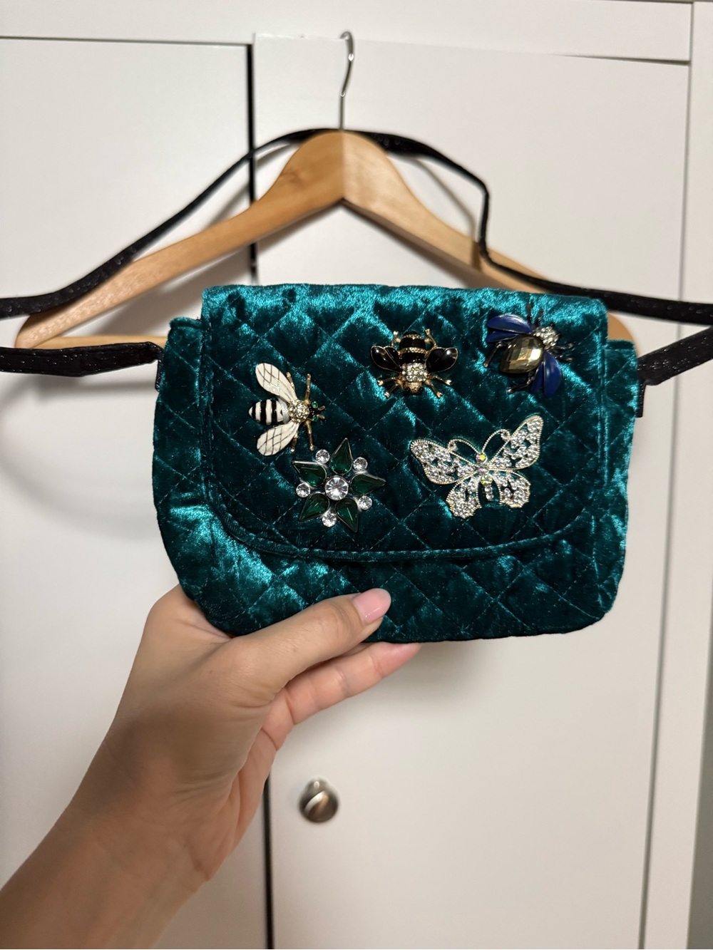 Embellished Quilted Velvet Crossbody Bag in Teal